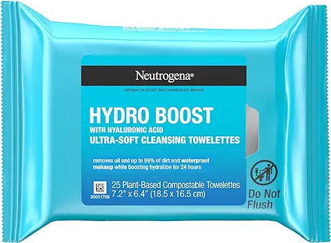 Uniites™ Neutrogena Hydro Boost Facial Cleansing Towelettes with Hyaluronic Acid, Hydrating Makeup Remover Face Wipes Remove Dirt & Waterproof Makeup, Hypoallergenic, 100% Plant-Based Cloth, 25 ct,  $8.91