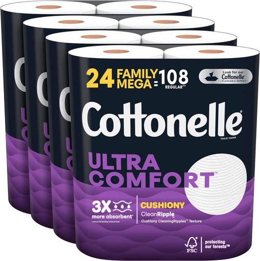 Uniites™, Cottonelle Ultra Comfort Toilet Paper with Cushiony CleaningRipples, 2-Ply, 24 Family Mega Rolls (4 Packs of 6) (24 Family Mega Rolls = 108 Regular Rolls), 325 Sheets per Roll, Packaging May Vary, $27.91