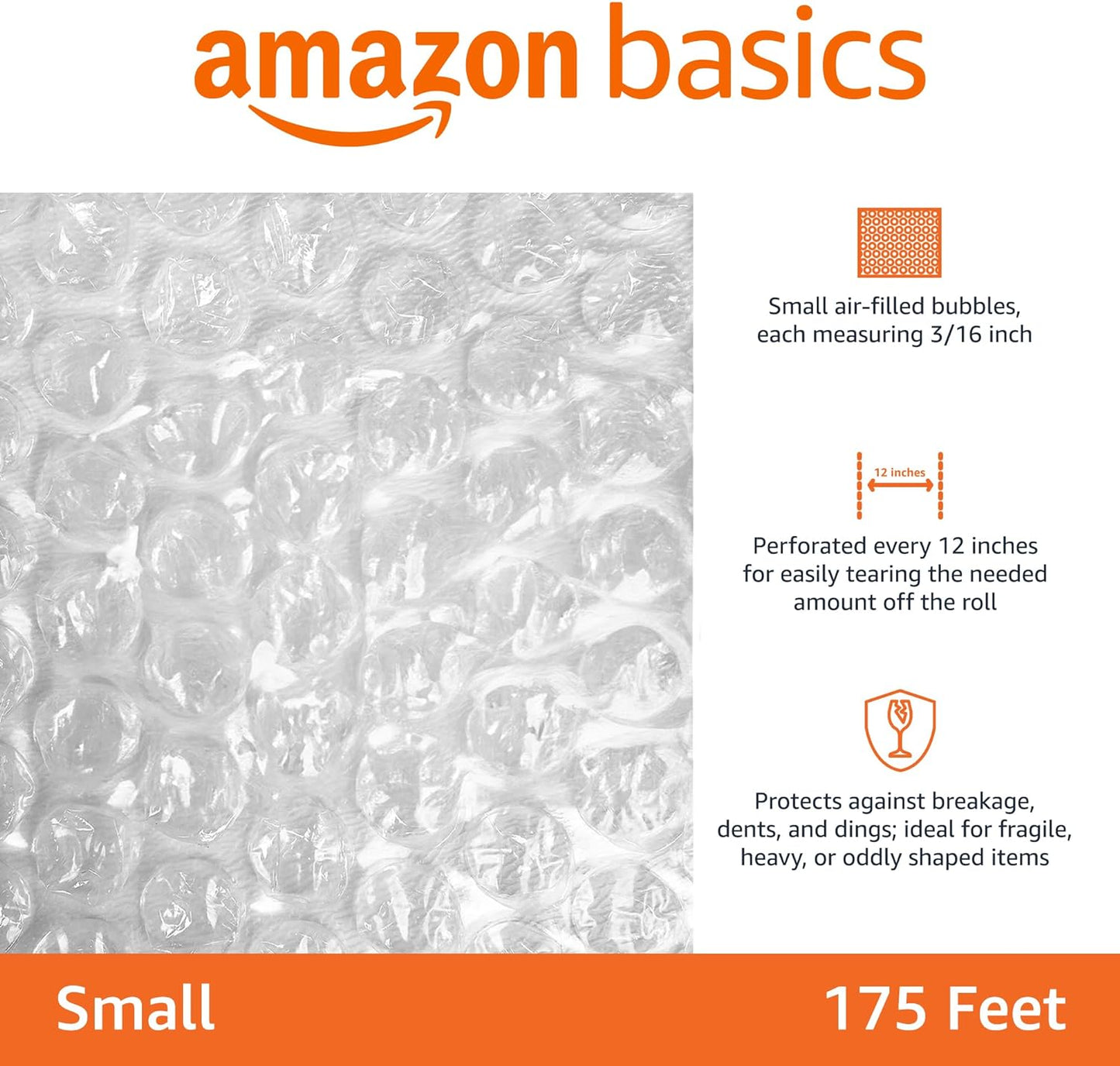 UniitesMarketplace.com™ Amazon Basics Perforated Bubble Cushioning Wrap, Small 3/16", 12-Inch x 175 Foot Long Roll, Clear, $20.91