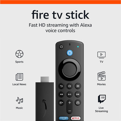 UniitesMarketplace.com™ Amazon Fire TV Stick, HD, sharp picture quality, fast streaming, free & live TV, Alexa Voice Remote with TV controls,  $26.91