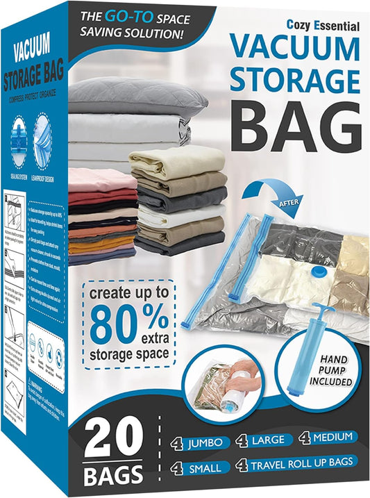 Uniites™ 20 Pack Vacuum Storage Bags, Space Saver Bags (4 Jumbo/4 Large/4 Medium/4 Small/4 Roll) Compression for Comforters and Blankets, Sealer Clothes Storage $24.91