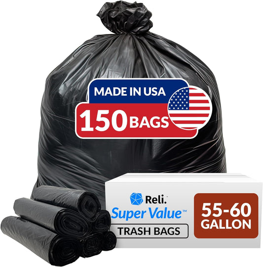 UniitesMarketplace.com Reli. 55-60 Gallon Trash Bags Heavy Duty | 150 Bags | 50-60 Gallon | Large Black Garbage Bags | Made in USA $48.91