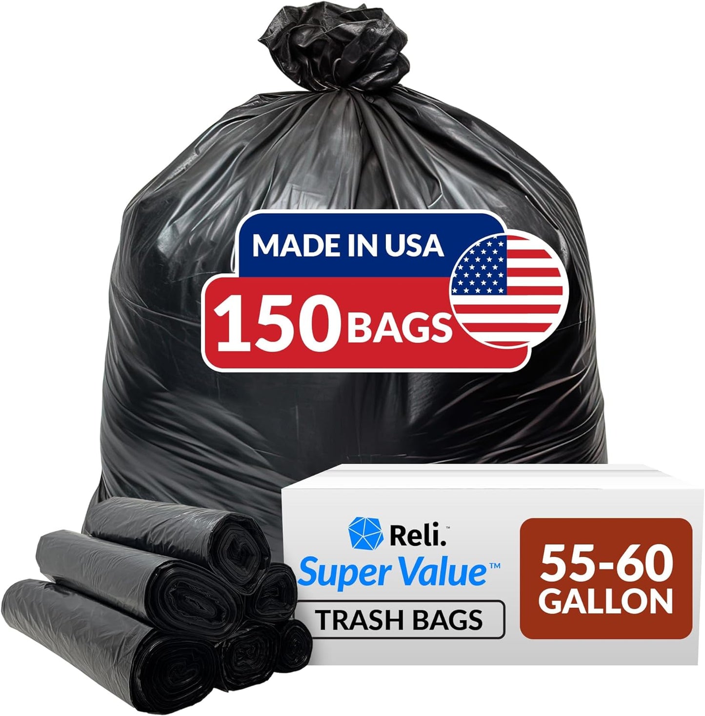 Uniites™ Reli. 55-60 Gallon Trash Bags Heavy Duty | 150 Bags | 50-60 Gallon | Large Black Garbage Bags | Made in USA $48.91