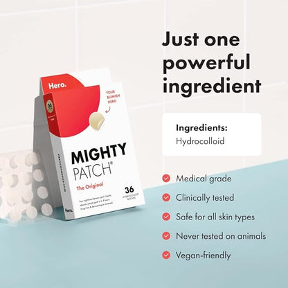 Uniites™, Mighty Patch™ Original patch from Hero Cosmetics - Hydrocolloid Acne Pimple Patch for Covering Zits and Blemishes, Spot Stickers for Face and Skin, Vegan-friendly and Not Tested on Animals (36 Count),  $11.91