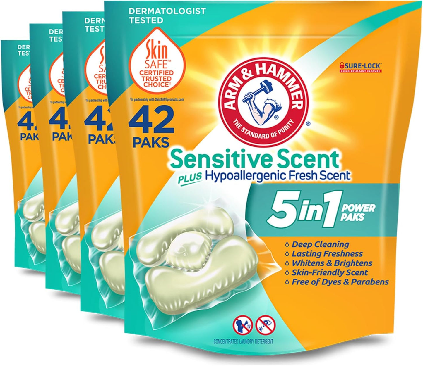 Uniites™, Arm & Hammer Sensitive Scent 5-in-1 Liquid Laundry Detergent Power Paks, High Efficiency (HE), 42 Count (Pack of 4), $37.91
