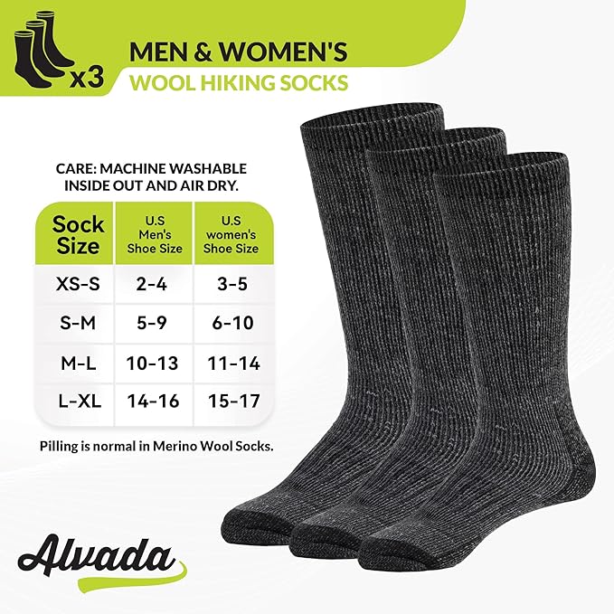 Uniites™, Alvada Mens Merino Wool Crew Socks Thermal and Warm Socks for Winter Work Hiking Running 3 Pairs, M-L,  $22.91