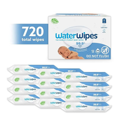 Uniites™, WaterWipes Plastic-Free Original Baby Wipes, 99.9% Water Based Wipes, Unscented & Hypoallergenic for Sensitive Skin, 60 Count (Pack of 12), Packaging May Vary,  $40.91
